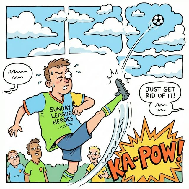 A panicked defender booting the ball randomly across his own penalty box